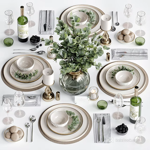 Elegant Dinnerware Set For Dining Table With Greenery Glassware And Candles 3d model 