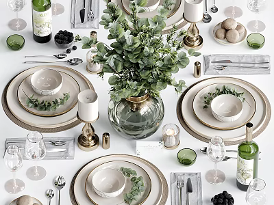 Elegant Dinnerware Set For Dining Table With Greenery Glassware And Candles 3d model