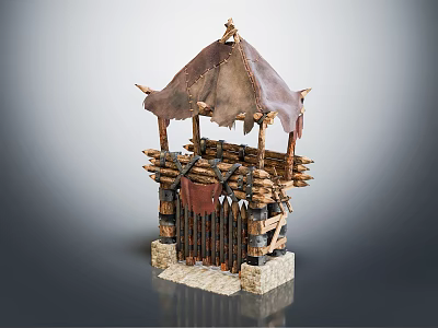 Rustic Tower Featuring Ragged Tent Like Roof With Wooden Fence Base And Stone Foundation 3d model