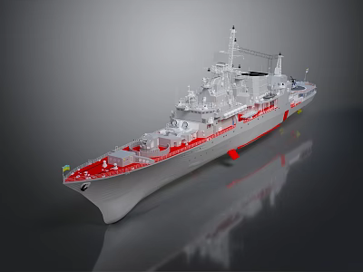 Highly Detailed Gray Military Warship Model Showcasing Red Deck Superstructure And Radar Antennas 3d model