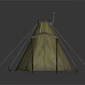 Traditional Conical Canvas Tent With Awning And Wooden Support Poles For Camping Shelter