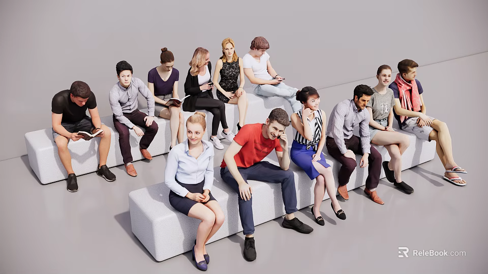 Group of Diverse People Sitting on Modern White Benches Interacting Casually 3d model 