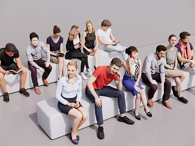 Group of Diverse People Sitting on Modern White Benches Interacting Casually 3d model