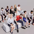 Group of Diverse People Sitting on Modern White Benches Interacting Casually