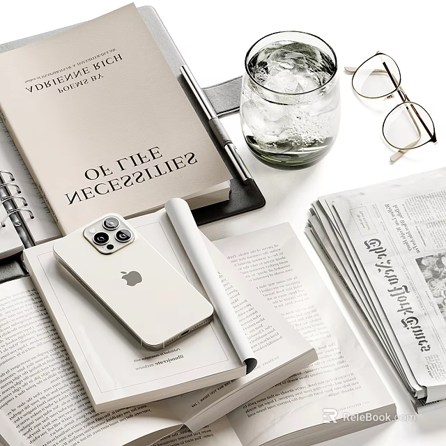 Elegant Desktop Decorative Ornament Set With Books Magazine Phone Pen Glass And Eyeglasses 3d model 