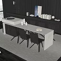 Minimalist Bar Counter With Light Colored Top Black Chairs And City View Through Large Windows
