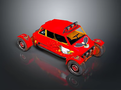 Red Off Road Car With Stylish Eagle Graphics On Body And Roof Lights 3d model