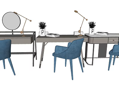 Modern Dressing Table Setup With Blue Chairs Table Lamps And Round Mirrors 3d model