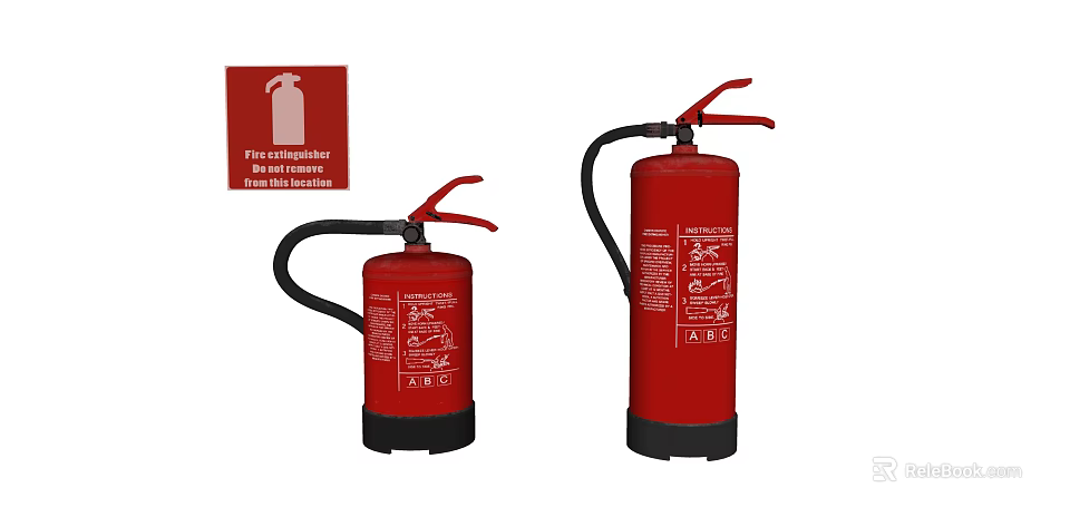 Red Fire Extinguishers With Safety Warning Sign And Instruction Labels For Emergency Use 3d model 