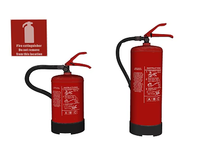 Red Fire Extinguishers With Safety Warning Sign And Instruction Labels For Emergency Use 3d model