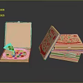 Open Cardboard Pizza Box With Sliced Pizza And Stacked Delivery Containers