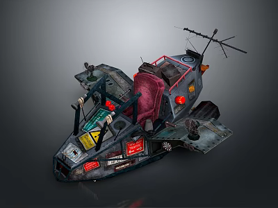 Retro Futuristic Mechanical Vehicle With Red Seat Antenna Metal Parts And Warning Labels 3d model
