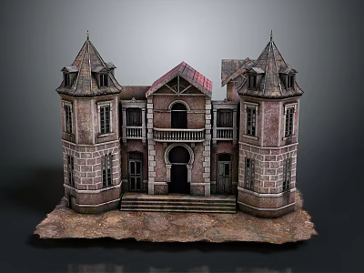 Cartoon Castle Scene With Spired Towers Brick Structure Porch And Steps 3d model
