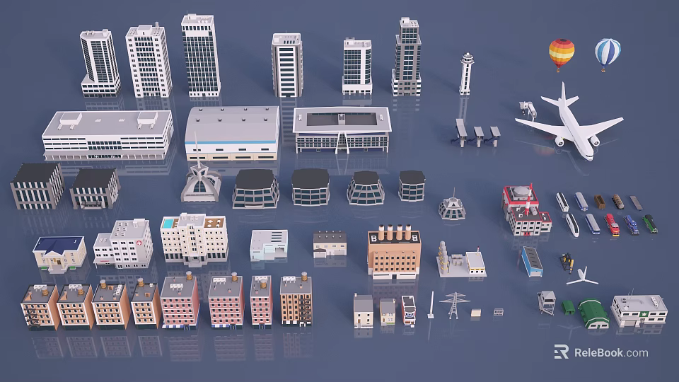 Collection of Various Building Models Including Airplane Hot Air Balloon and Architectural Structures 3d model 