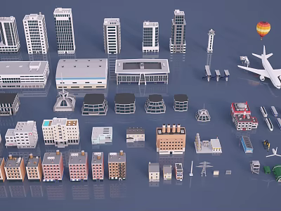 Collection of Various Building Models Including Airplane Hot Air Balloon and Architectural Structures 3d model