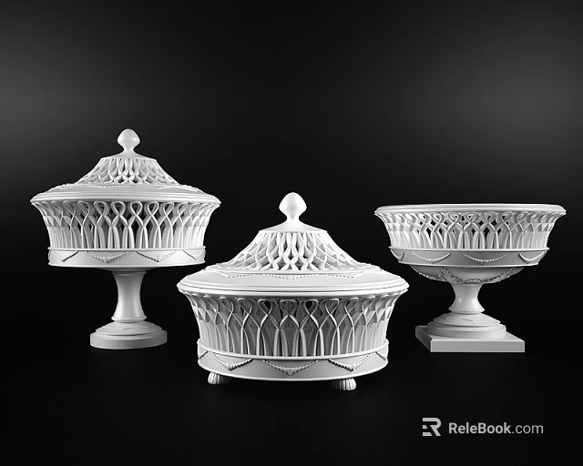 Three Elegant White Decorative Vases With Intricate Openwork Lids And Bases 3d model 