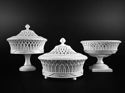 Three Elegant White Decorative Vases With Intricate Openwork Lids And Bases 3d model