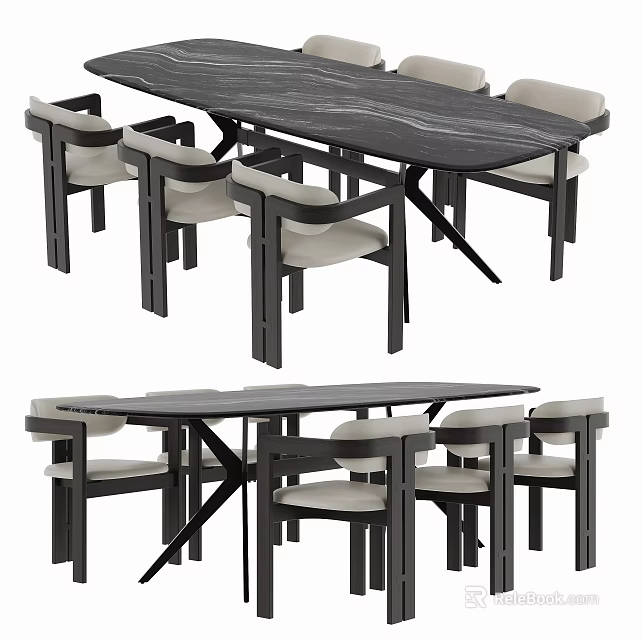 Modern Dark Wood Dining Table Set With Six Light Padded Chairs And Rectangular Top 3d model 