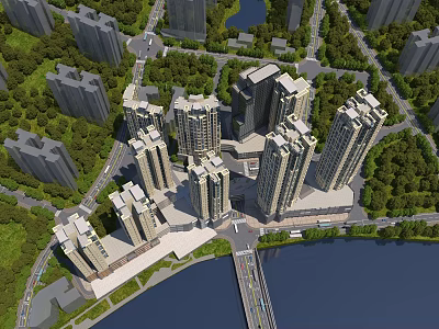 Aerial Urban Planning With High Rise Buildings Green Spaces And River Bridge 3d model