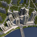 Aerial Urban Planning With High Rise Buildings Green Spaces And River Bridge