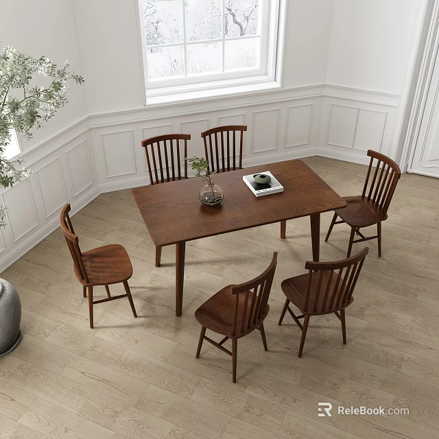Wooden Dining Table Set With 6 Chairs And Green Plant In Bright Room 3d model 