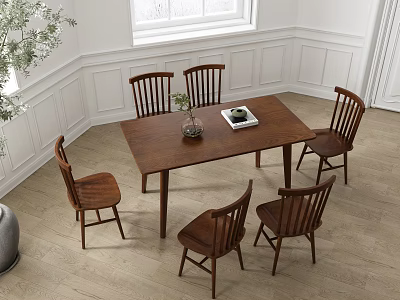 Wooden Dining Table Set With 6 Chairs And Green Plant In Bright Room 3d model