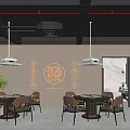 Modern Chinese Style Hotel Mahjong Room With Decorative Wall Art Tables Chairs And Hanging Lamps