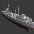 Gray Military Warship With Red Bottom Deck Turrets And Masts Structure 3d model