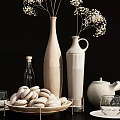 Stylish Decorative Ornament Set With Vases Dried Flowers Glass Bottle Tea Cups Teapot And Pebbles