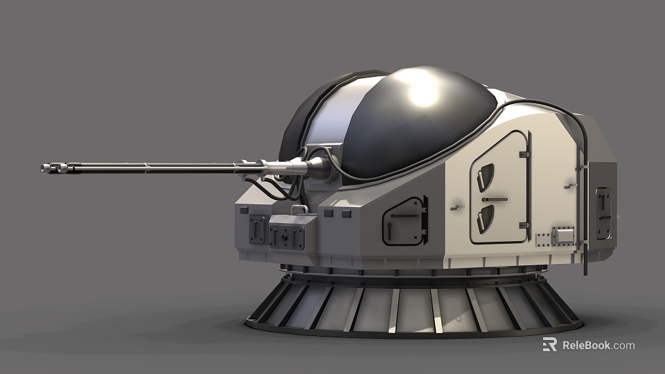 Armored Turret Weapon Featuring Black Dome White Body Metal Base And Long Barrel 3d model 