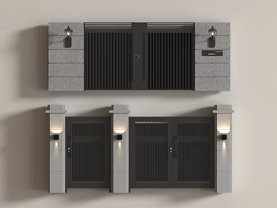 Modern Entrance Gate Design With Black Doors Gray Stone Walls And Wall Lamps 3d model