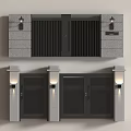 Modern Entrance Gate Design With Black Doors Gray Stone Walls And Wall Lamps
