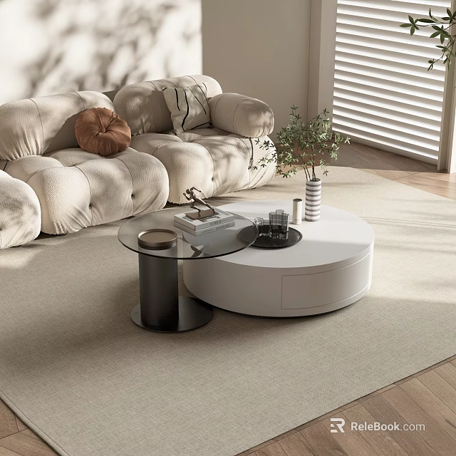 Modern Round White Glass Coffee Table With Sofa Plant Rug And Natural Light 3d model 