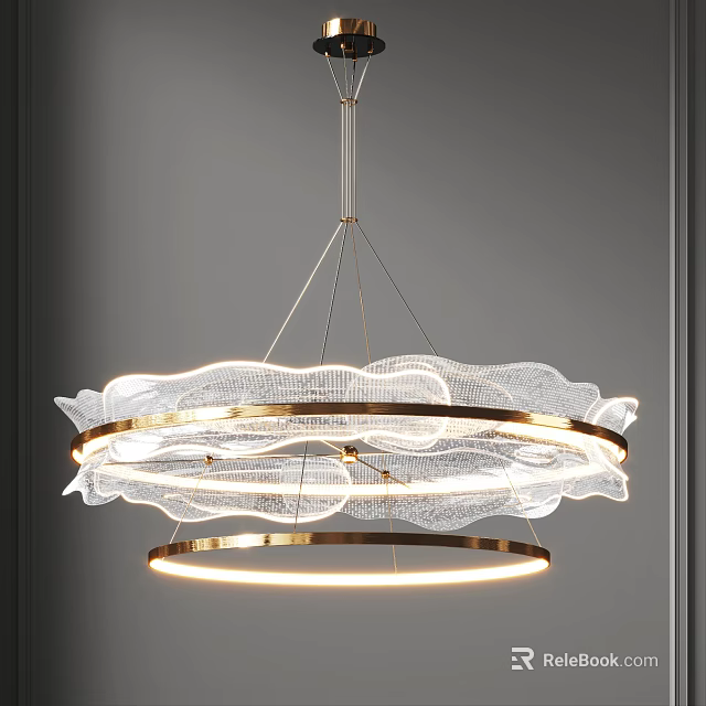 Modern Elegant Chandelier with Gold Frame Mesh Lace Like Structure and Illuminated Circular Rings 3d model 