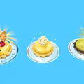 Three Different Decorated Dessert Tarts on Blue Background with Cartoon Style and Unique Toppings