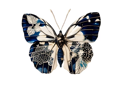 Intricate Butterfly Sculpture with Blue White Patterns and Detailed Wing Designs 3d model
