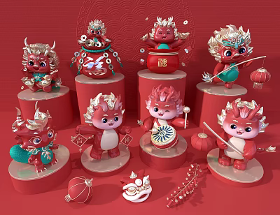 Chinese Traditional Festive Red Decorative Ornament Set With Dragon Figurines Lanterns And Drum Decorations 3d model
