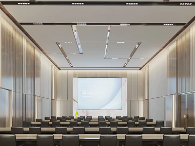 Modern Conference Room Interior With Large Projection Screen Rows Of Chairs And Ceiling Lights 3d model