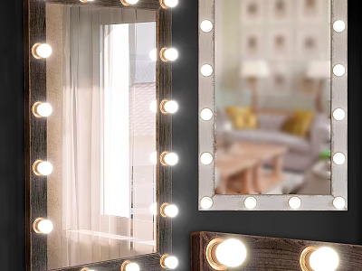 Lighted Vanity Mirror With Round LED Bulbs And Wooden Frame Reflecting Living Room Interior 3d model