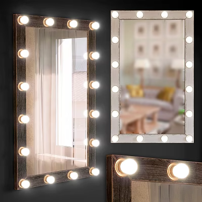 Lighted Vanity Mirror With Round LED Bulbs And Wooden Frame Reflecting Living Room Interior 3d model