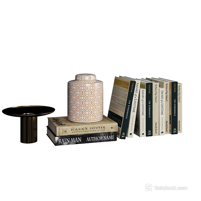 Elegant Decorative Ornament Set With Books Tray And Patterned Jar For Home Decor 3d model 