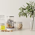 Clear Glass Spice Jars With Nuts Beans Sugar And Olive Branch On White Background