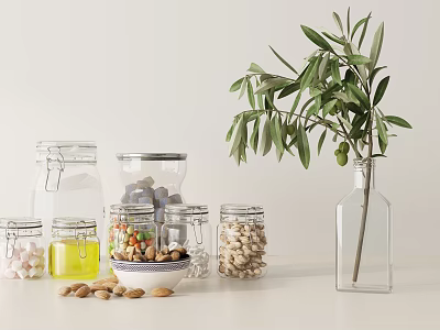 Clear Glass Spice Jars With Nuts Beans Sugar And Olive Branch On White Background 3d model