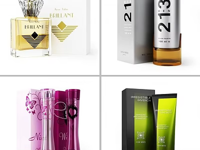 Elegant Perfumes and Cosmetics with Colorful Bottles Tubes and Stylish Packaging 3d model