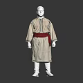 Traditional Beige Ethnic Robe with Blue Trim Red Sash and White Boots