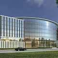 Modern Curved Office Building With Glass Curtain Walls And Lawn Front Entrance With Parked Cars