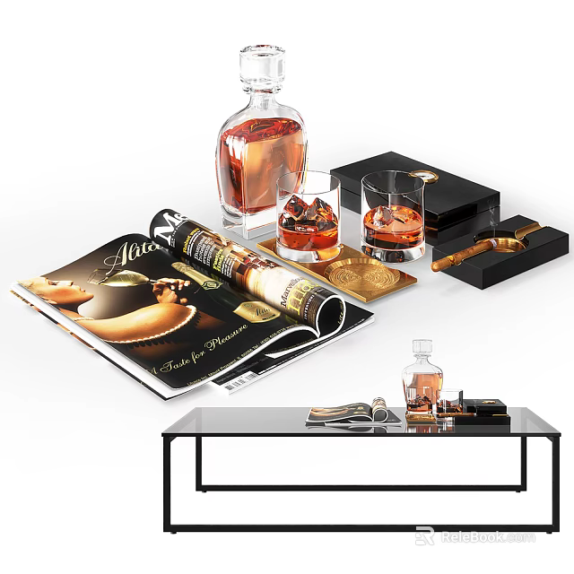 Modern Black Coffee Table With Open Magazine Whiskey Bottle Glassware Gold Coasters And Ashtray 3d model 
