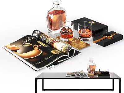 Modern Black Coffee Table With Open Magazine Whiskey Bottle Glassware Gold Coasters And Ashtray 3d model