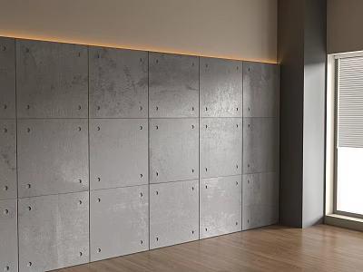 Modern Industrial Gray Concrete Background Wall With Paneled Design Metal Rivets And Wooden Floor 3d model