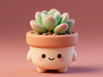 Cute Cartoon Style Bonsai Potted Succulent Plant With Smiling Face And Pink Background 3d model